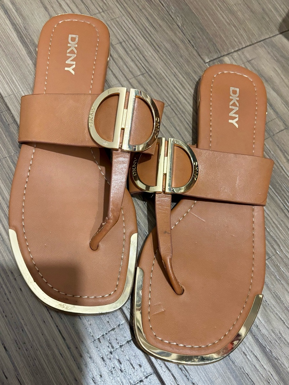DKNY Tan Leather Slide Sandals with Gold Accent